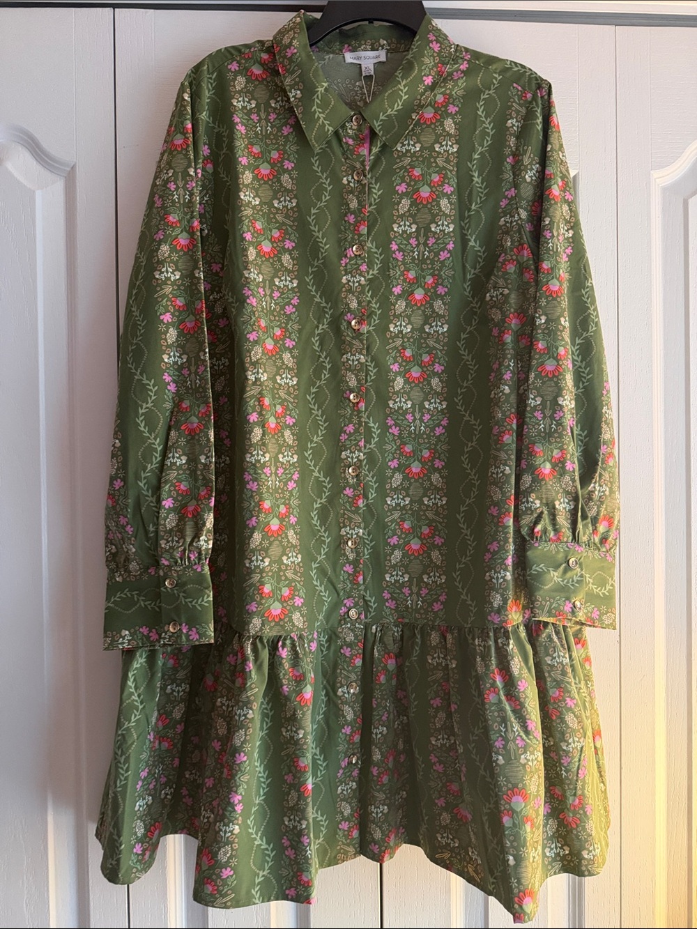 NWT Mary Square Olive Green Floral Button-Front Dress